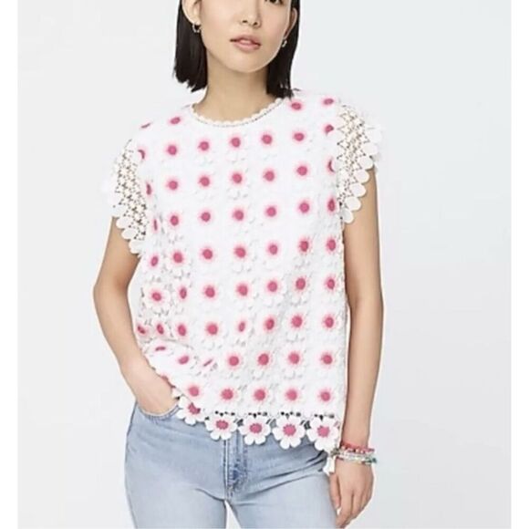 J Crew Pink White Floral Top Blouse Embroidered Lace Women’s Size XS Flower - Picture 2 of 7